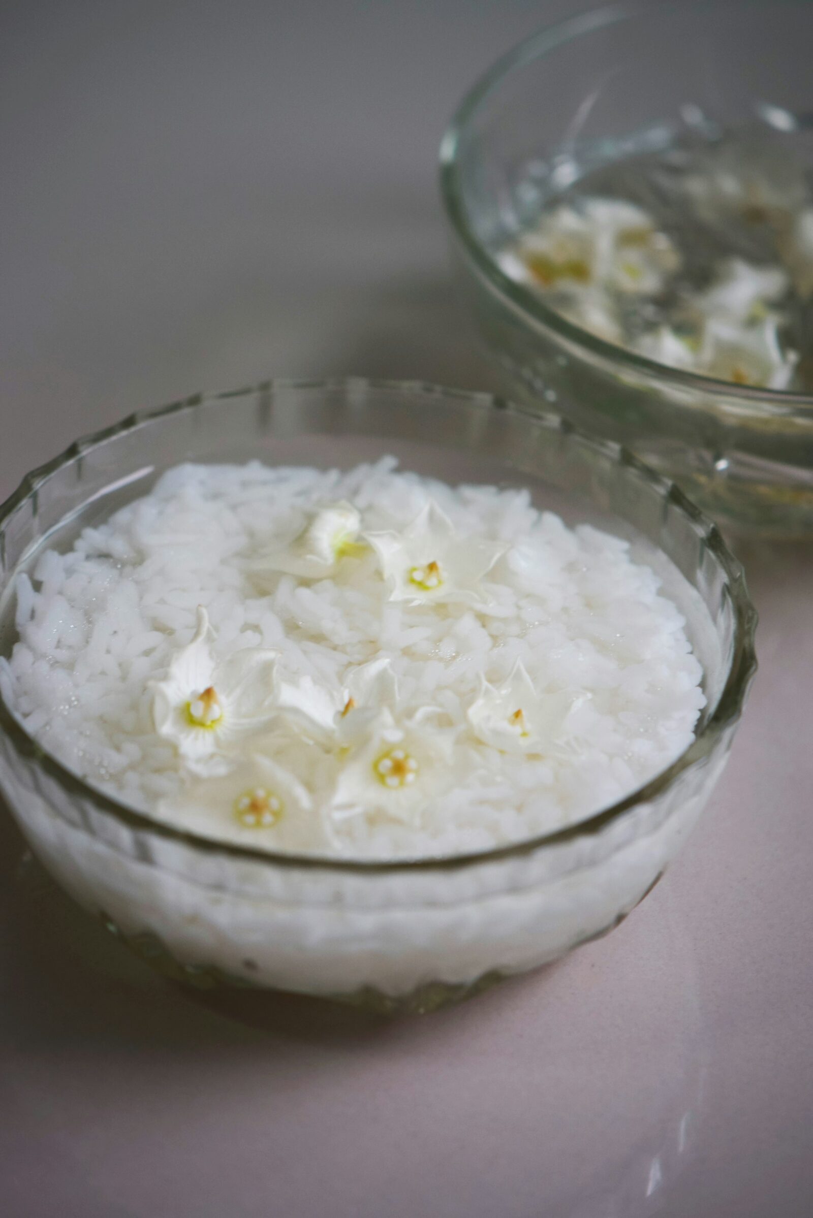 White rice grains in a clear glass bowl — simple, quiet composition showing the raw material of the soaked method.